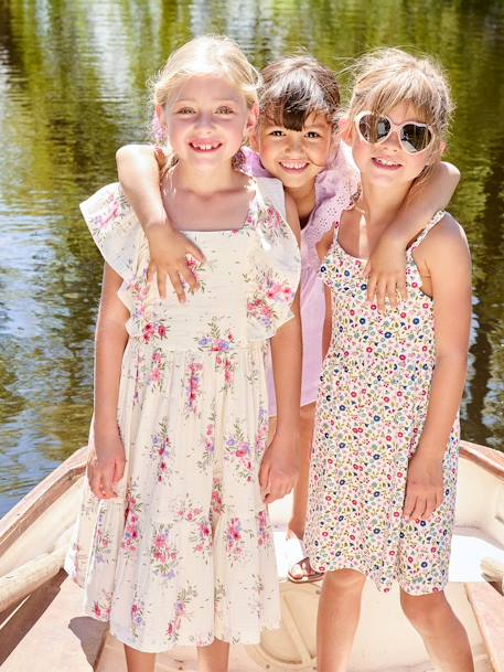 Floral Dress in Cotton Gauze for Girls ecru - vertbaudet enfant 