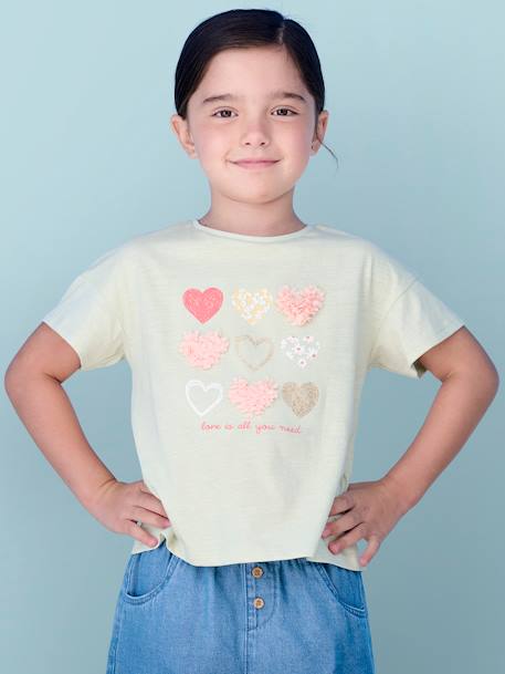 T-Shirt with Shaggy Rags Design & Iridescent Details for Girls almond green+apricot+ecru+ink blue+sky blue+striped navy blue - vertbaudet enfant 