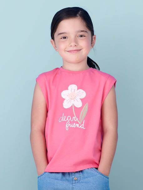 T-shirt à épaulettes motif placé fille écru+rose bonbon - vertbaudet enfant 