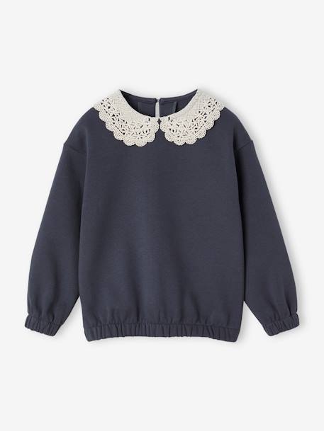 Sweat fille col fantaisie en macramé anthracite - vertbaudet enfant 