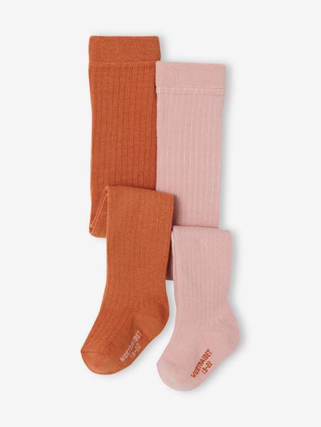 Pack of 2 Pairs of Rib Knit Tights for Baby Girls pecan nut - vertbaudet enfant 