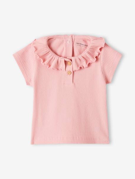 Rib Knit T-Shirt with Frilled Collar for Babies ecru+rose - vertbaudet enfant 