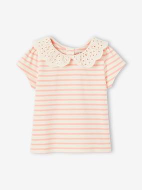 Striped T-Shirt with Collar in Broderie Anglaise for Baby Girls  - vertbaudet enfant