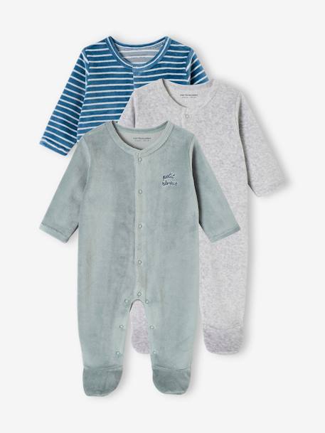 Pack of 3 Velour Sleepsuits, Special Opening for Newborns, for Babies aqua green+dusky pink+golden yellow - vertbaudet enfant 