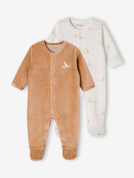 Lot de 2 pyjamas mixtes velours ouverture naissance cappuccino+rose - vertbaudet enfant 