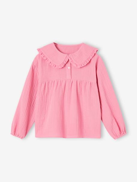 Cotton Gauze Blouse with Fancy Peter Pan Collar for Girls old rose - vertbaudet enfant 