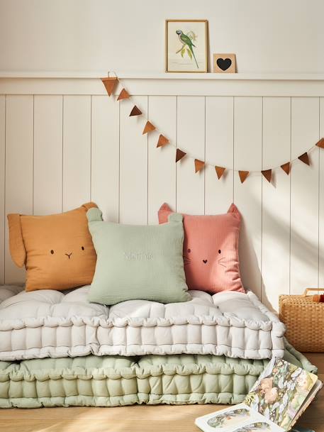 Coussin animal en gaze de coton personnalisable cannelle+rose+vert sauge - vertbaudet enfant 