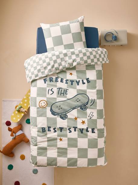Duvet Cover + Pillowcase Set for Children chequered green - vertbaudet enfant 
