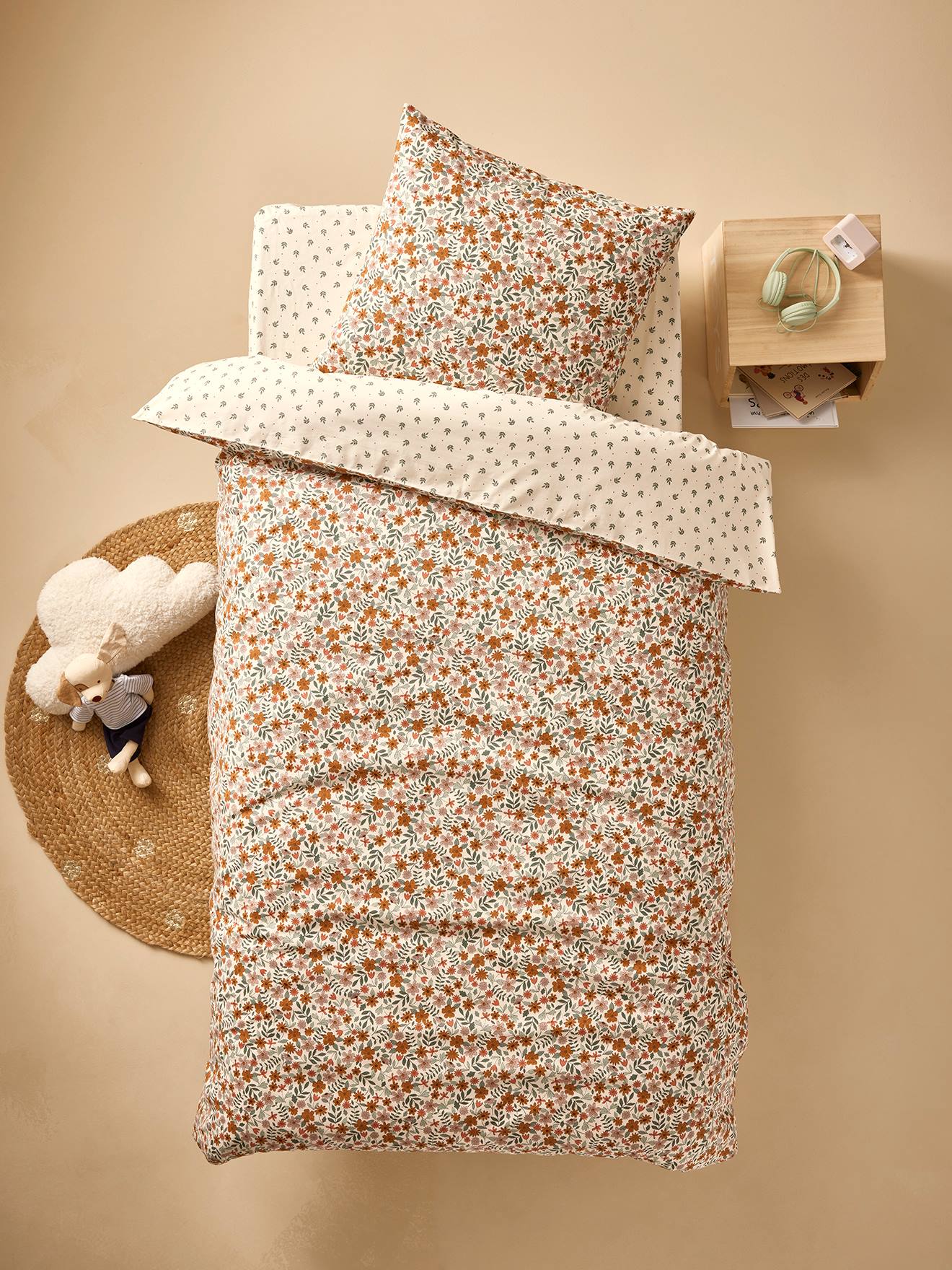 Parure De Lit Enfant Retro Flowers Vertbaudet – Housse De Couette Réversible + Taie – Coton Recyclé