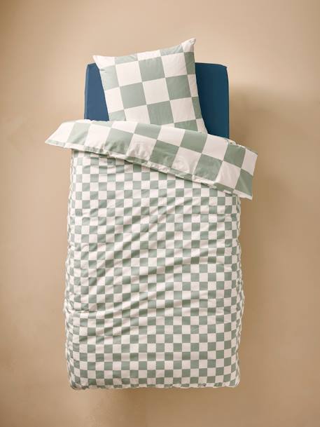 Duvet Cover + Pillowcase Set for Children chequered green - vertbaudet enfant 