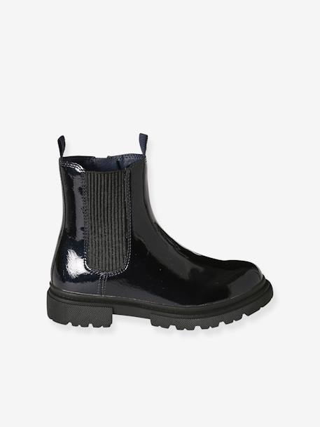 Patent Boots with Zip & Elastic for Girls brown+navy blue - vertbaudet enfant 