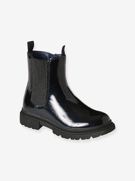 Patent Boots with Zip & Elastic for Girls brown+navy blue - vertbaudet enfant 