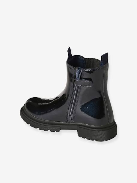 Patent Boots with Zip & Elastic for Girls brown+navy blue - vertbaudet enfant 