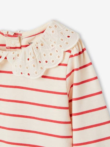 T-shirt bébé col brodé manches longues beige clair+rayé marine+rayé rouge - vertbaudet enfant 