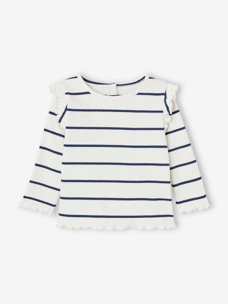 T-shirt en côtes manches volantées bébé fille écru+rose poudré - vertbaudet enfant 