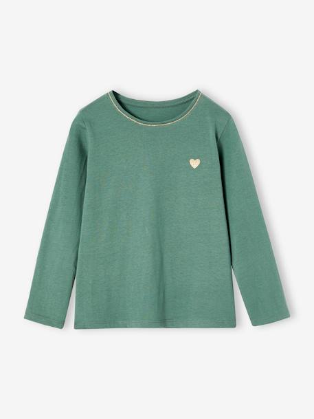 T-shirt fille coeur pailleté manches longues anthracite+corail+écru+rose poudré+vert émeraude - vertbaudet enfant 