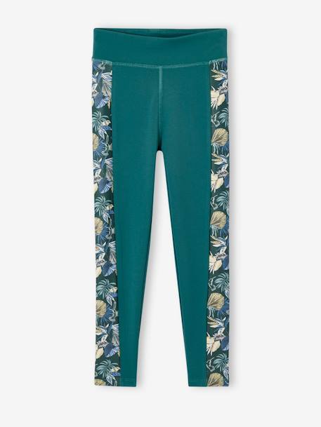 Sports Leggings in Techno Fabric, Stripe on the Sides with Exotic Flowers Print, for Girls emerald green - vertbaudet enfant 