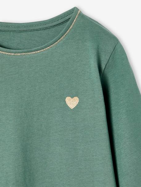 T-shirt fille coeur pailleté manches longues anthracite+corail+écru+rose poudré+vert émeraude - vertbaudet enfant 