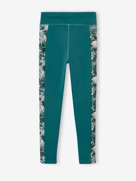 Sports Leggings in Techno Fabric, Stripe on the Sides with Exotic Flowers Print, for Girls emerald green - vertbaudet enfant 