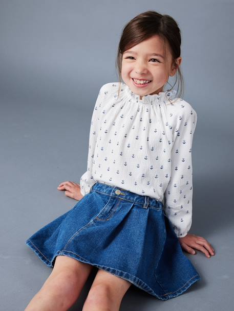 T-shirt fantaisie col élastiqué volanté fille écru+marine - vertbaudet enfant 