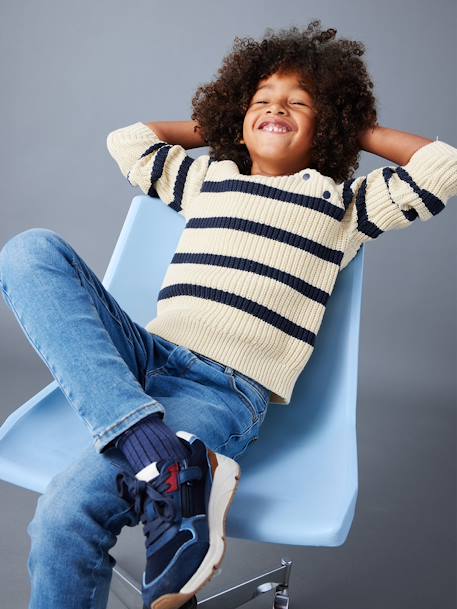 Pull garçon rayé bleu moyen+caramel+écru+encre+vert sauge - vertbaudet enfant 