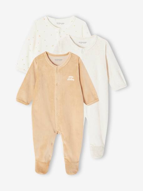 Pack of 3 Velour Sleepsuits, Special Opening for Newborns, for Babies aqua green+dusky pink+golden yellow - vertbaudet enfant 