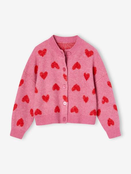Gilet jacquard coeurs fille beige doré+lilas+vieux rose - vertbaudet enfant 