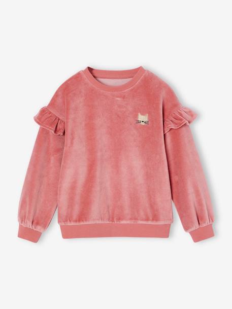 Sweat à volants en velours lisse motif chat fille rose - vertbaudet enfant 
