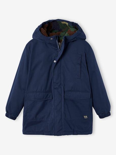 Hooded Parka Lined in Camouflage Print Sherpa, for Boys night blue - vertbaudet enfant 