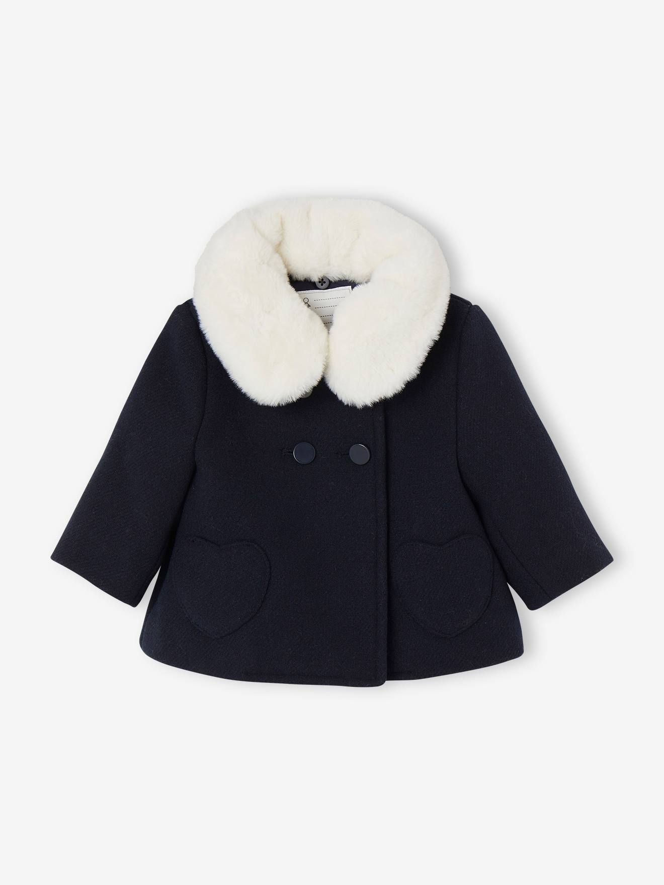 Manteau à Capuche Bébé Fille Vertbaudet - Lainage Chaud Marine - Capuche Bordée Imitation Fourrure Amovible - Poches Coeur - Taille 4A (104 Cm)