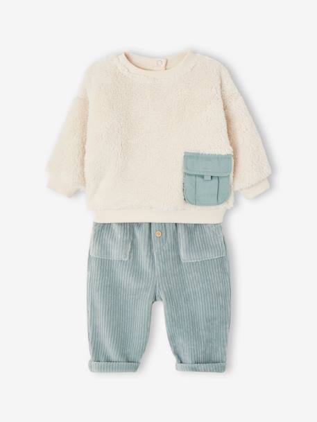 Ensemble bébé sweat peluche + pantalon velours vert d'eau - vertbaudet enfant 