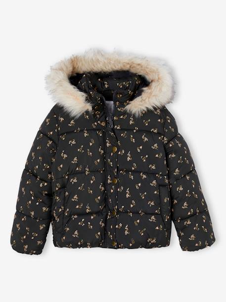 Padded Jacket with Hood & Polar Fleece Lining for Girls anthracite+gold+rosy - vertbaudet enfant 