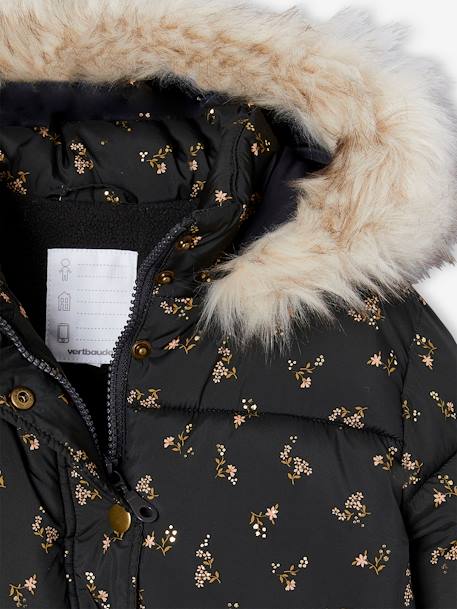 Padded Jacket with Hood & Polar Fleece Lining for Girls anthracite+gold+rosy - vertbaudet enfant 