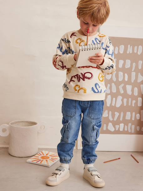 Tee-shirt garçon effet sweat imprimé blanc chiné+écru+lichen+noix de pécan - vertbaudet enfant 