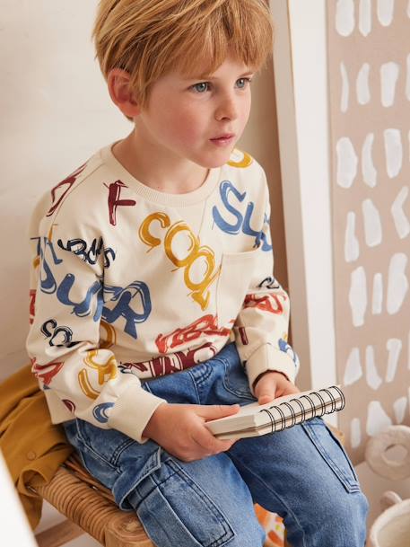 Tee-shirt garçon effet sweat imprimé blanc chiné+écru+lichen+noix de pécan - vertbaudet enfant 