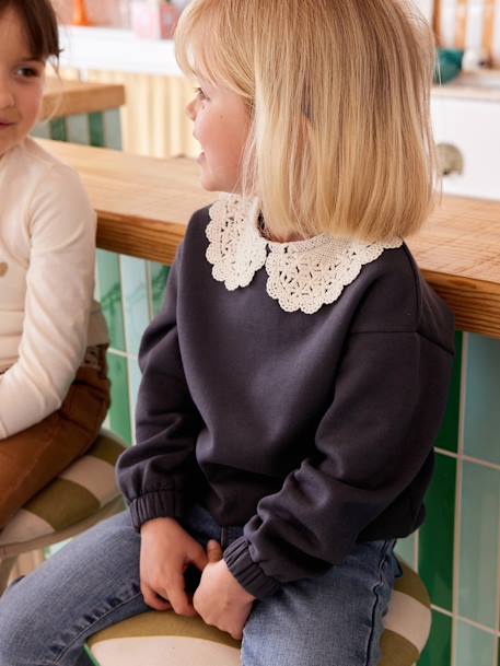 Sweat fille col fantaisie en macramé anthracite - vertbaudet enfant 