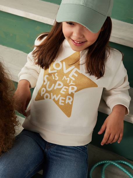 Basics Sweatshirt with Motif for Girls coral+peony pink+vanilla+violet - vertbaudet enfant 