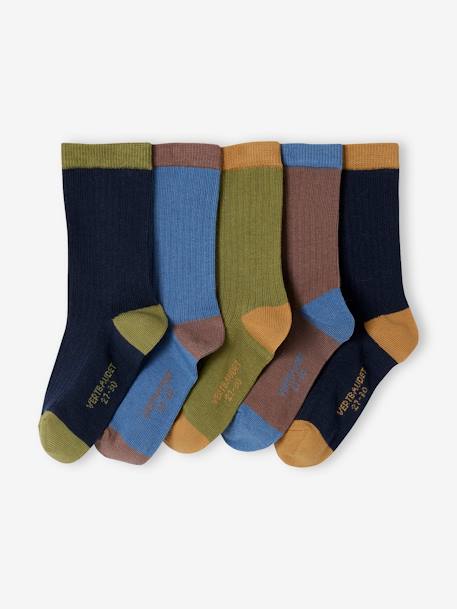 Pack of 5 Pairs of Two-Tone Rib Knit Socks for Boys night blue - vertbaudet enfant 