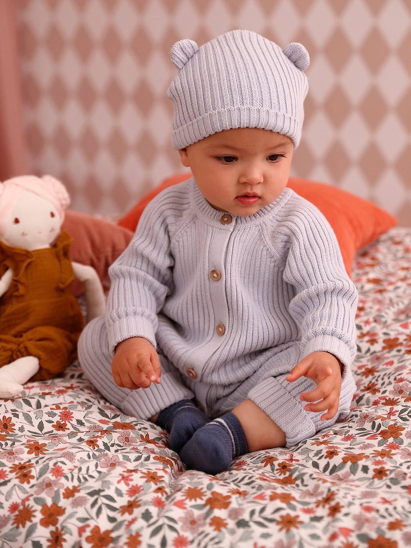 Ensemble 3 Pièces Naissance Vertbaudet - Pull Rayé, Pantalon, Chaussettes - Maille Douce Coton