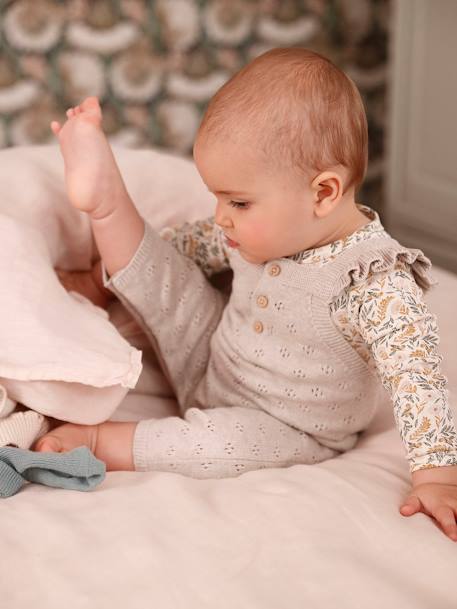 Salopette en tricot bébé bretelles à volants beige chiné - vertbaudet enfant 