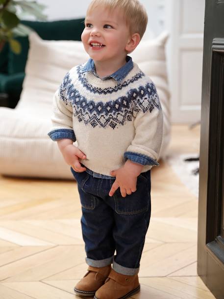 Jacquard Jumper in Ultra Soft Fuzzy Knit for Baby Boys ecru+khaki - vertbaudet enfant 