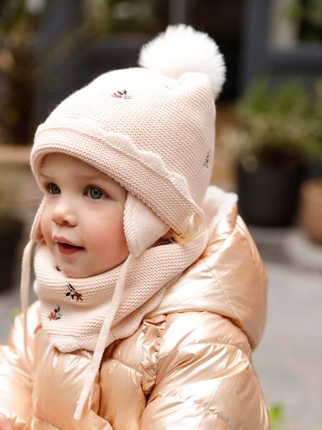 Ensemble bonnet + snood + moufles bébé fille beige poudré - vertbaudet enfant 