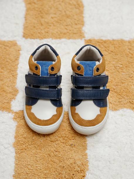 Baskets bébé garçon en cuir à scratchs bleu grisé+écru - vertbaudet enfant 