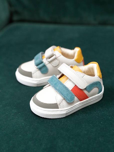 Hook&Loop Leather Trainers for Babies ecru+set white - vertbaudet enfant 