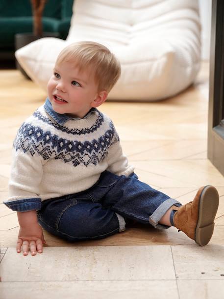Jacquard Jumper in Ultra Soft Fuzzy Knit for Baby Boys ecru+khaki - vertbaudet enfant 