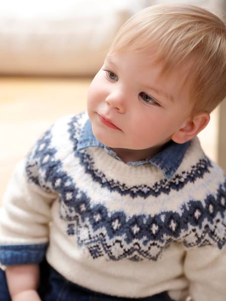 Jacquard Jumper in Ultra Soft Fuzzy Knit for Baby Boys ecru+khaki - vertbaudet enfant 