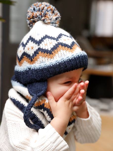 Navy and Cream Kids Knit Hat and Mittens Set Jacquard Knit Beanie with Ears + Snood + Mittens Set for  main image 3