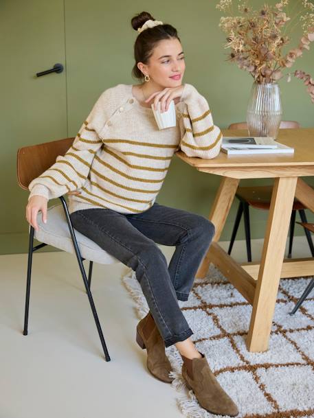 Nautical Style Jumper with Shoulder Openings for Maternity & Nursing marl beige+navy blue - vertbaudet enfant 