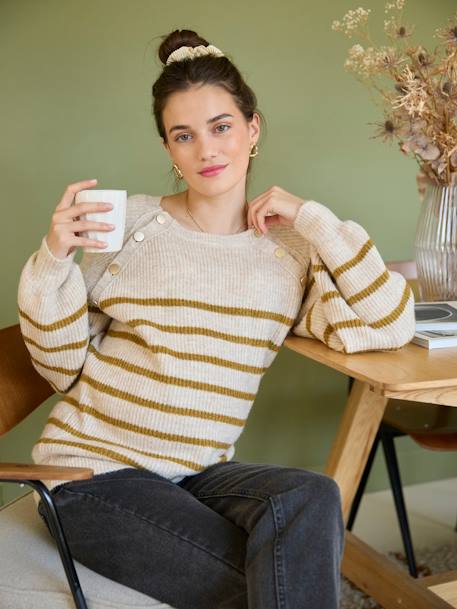 Nautical Style Jumper with Shoulder Openings for Maternity & Nursing marl beige+navy blue - vertbaudet enfant 