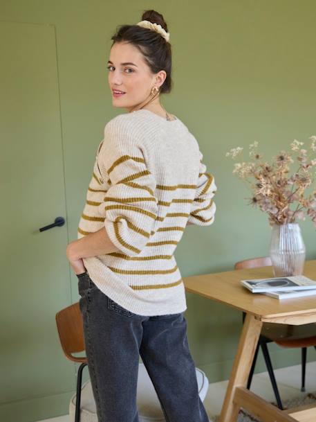 Nautical Style Jumper with Shoulder Openings for Maternity & Nursing marl beige+navy blue - vertbaudet enfant 